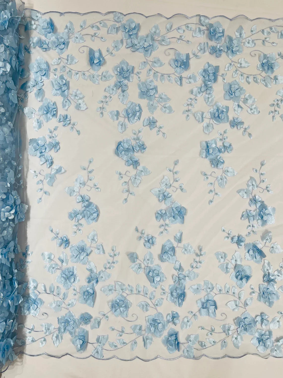 3D Floral Pearl Fabric - Baby Blue - Embroidered Floral Pearl Fabric Double Border On Mesh By Yard