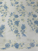 Corded Lace Sequins Fabric - Baby Blue - Embroidered Fancy Flower and Fish Design Sold By Yard
