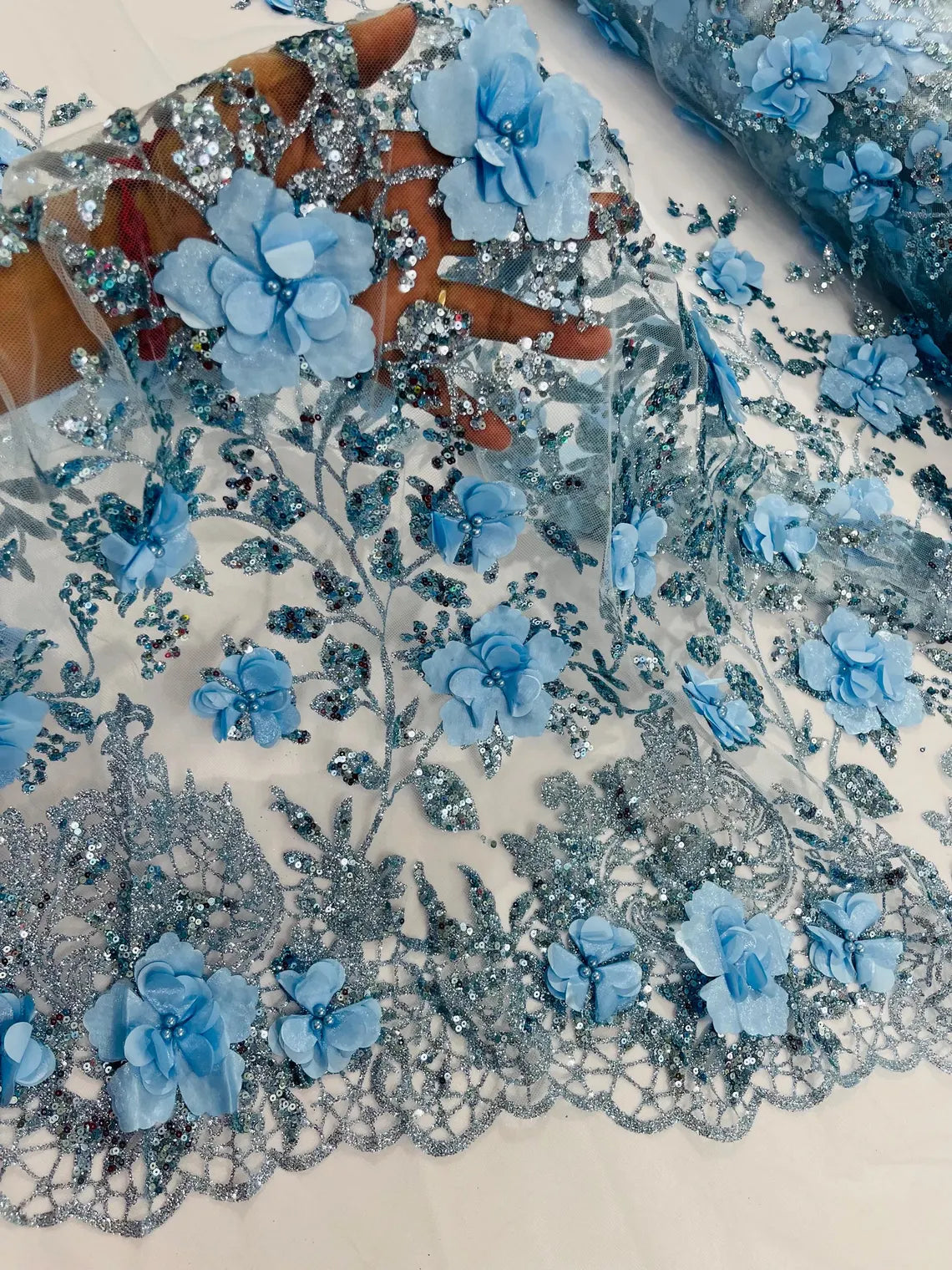 3D Big Flower Glitter Fabric - Baby Blue - Floral Glitter Sequin Design on Lace Mesh Fabric by Yard