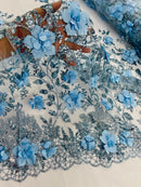 3D Big Flower Glitter Fabric - Baby Blue - Floral Glitter Sequin Design on Lace Mesh Fabric by Yard