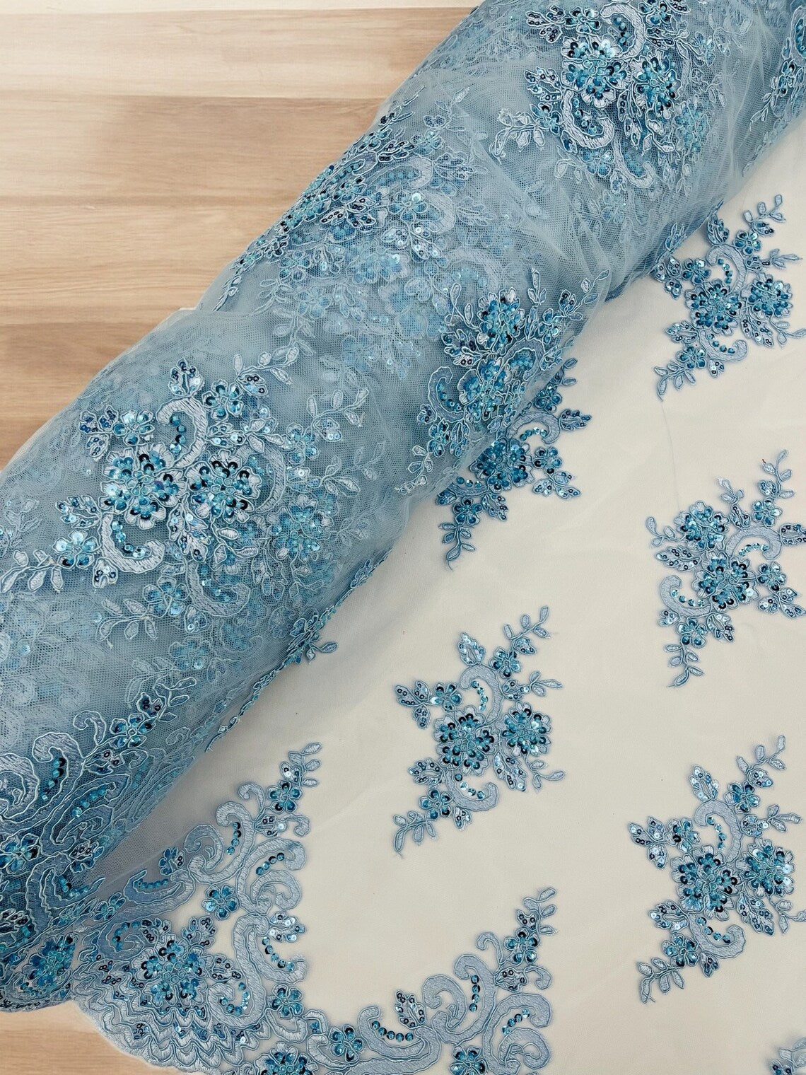 Beaded Floral Fabric - Baby Blue - Floral Cluster Design Fabric with Damask Border by Yard