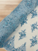 Beaded Floral Fabric - Baby Blue - Floral Cluster Design Fabric with Damask Border by Yard