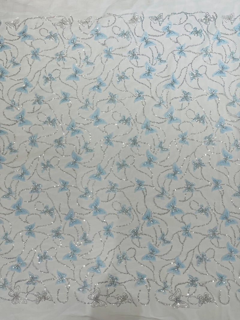 3D Butterfly Beaded Fabric - Baby Blue - Beaded Sequins Butterfly Embroidered Fabric By Yard