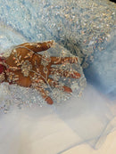 Beaded Floral Plant Design - Baby Blue - Embroidered Beaded Flower Plants Sequins Fabric By Yard