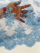 Floral Damask Lace Fabric - Baby Blue - Embroidered Damask Flowers on Lace Fabric By Yard