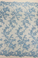 Two Tone Lace Floral Fabric - Baby Blue - Embroidered Flower Designs with Sequins on Lace Fabric Sold By Yard