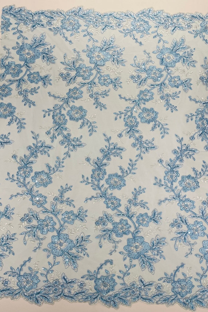 Two Tone Lace Floral Fabric - Baby Blue - Embroidered Flower Designs with Sequins on Lace Fabric Sold By Yard