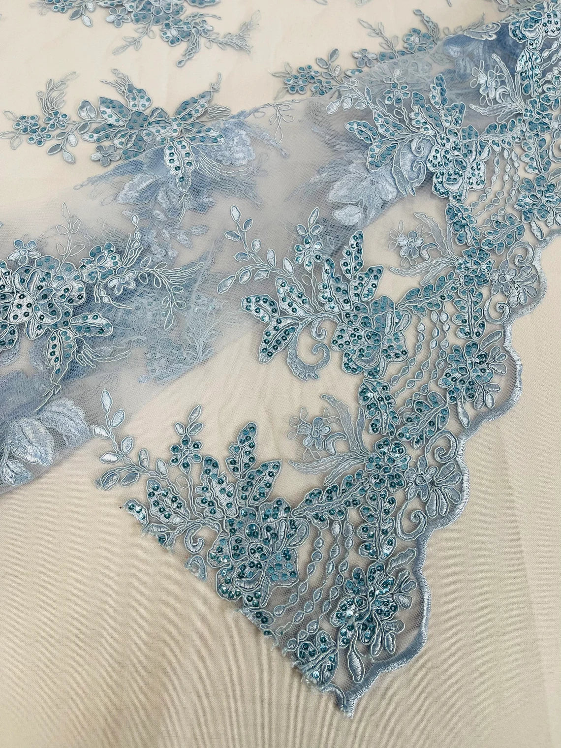 Floral Plant Lace Fabric - Baby Blue - Flower Plant Design Lace Sequins Fabric Sold By Yard