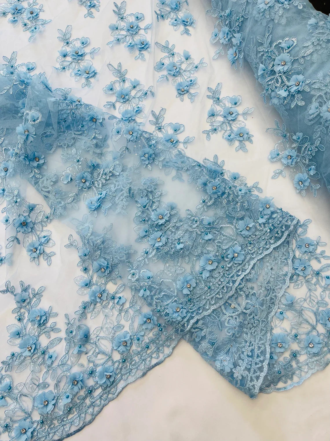 3D Embroidered Floral Fabric - Baby Blue - 3D Rhinestone and Sequins Floral Fabric Sold By Yard
