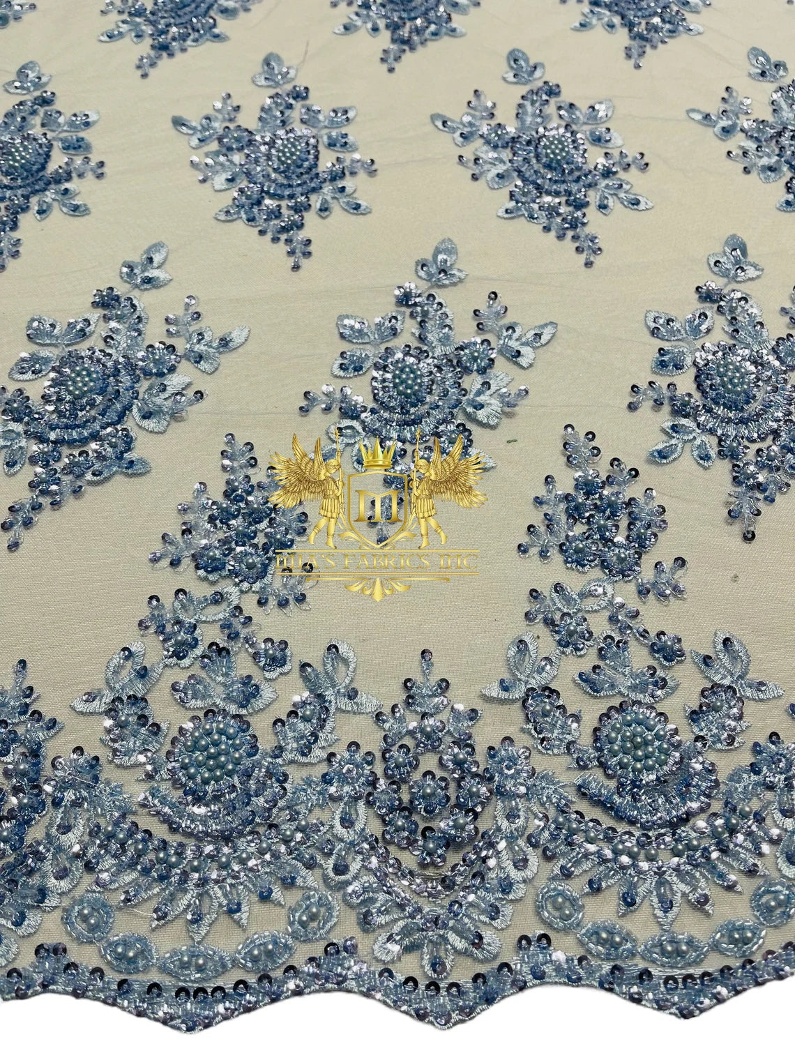 Floral Beaded Fabric - Baby Blue - Embroidered Beaded Flowers Cluster Design on a Mesh Sold By Yard