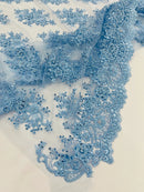Floral Pearl Bead Fabric - Baby Blue - Flower Design with Beads and Sequins Fabric Sold By Yard