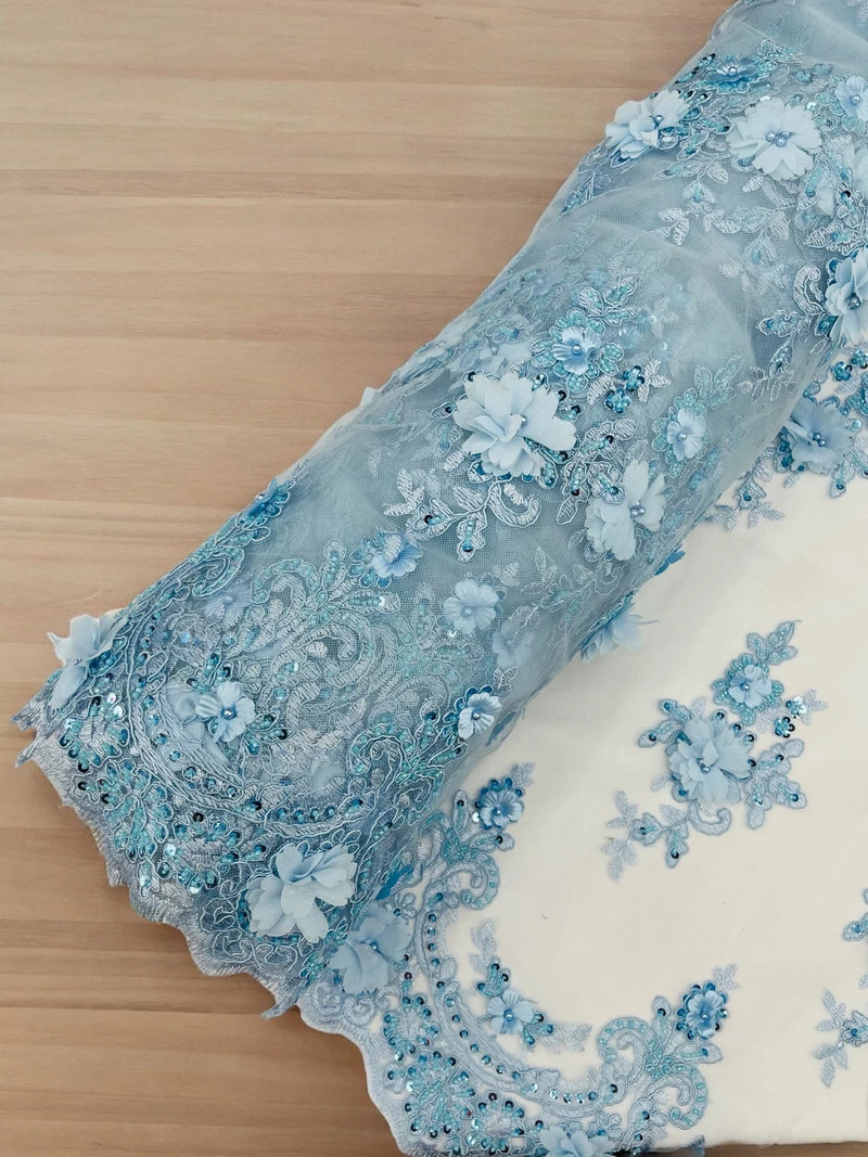 3D Floral Pearl Design - Baby Blue - Floral Embroidered Pearls and Sequins Fabric By Yard