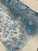 3D Flower Glitter Fabric - Baby Blue - Floral Glitter Sequin Design on Lace Mesh Fabric by Yard