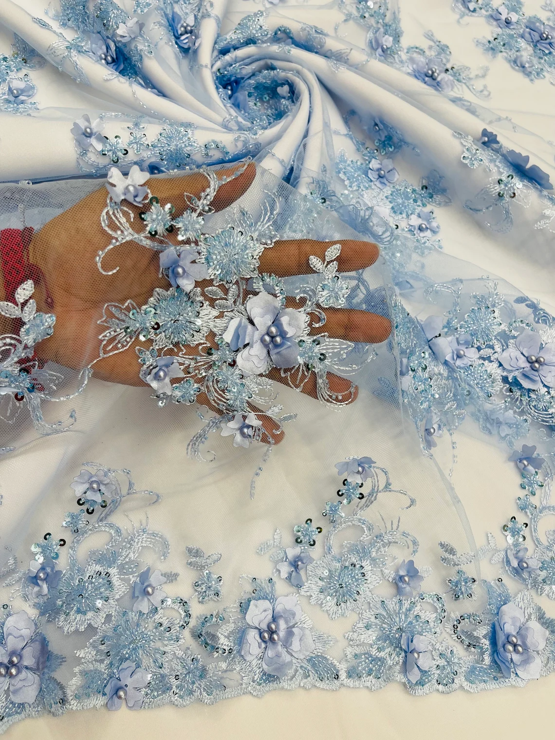 3D Flower Sequins Design - Baby Blue - Embroidered Pearl Sequins Floral Clusters Lace Fabric By Yard