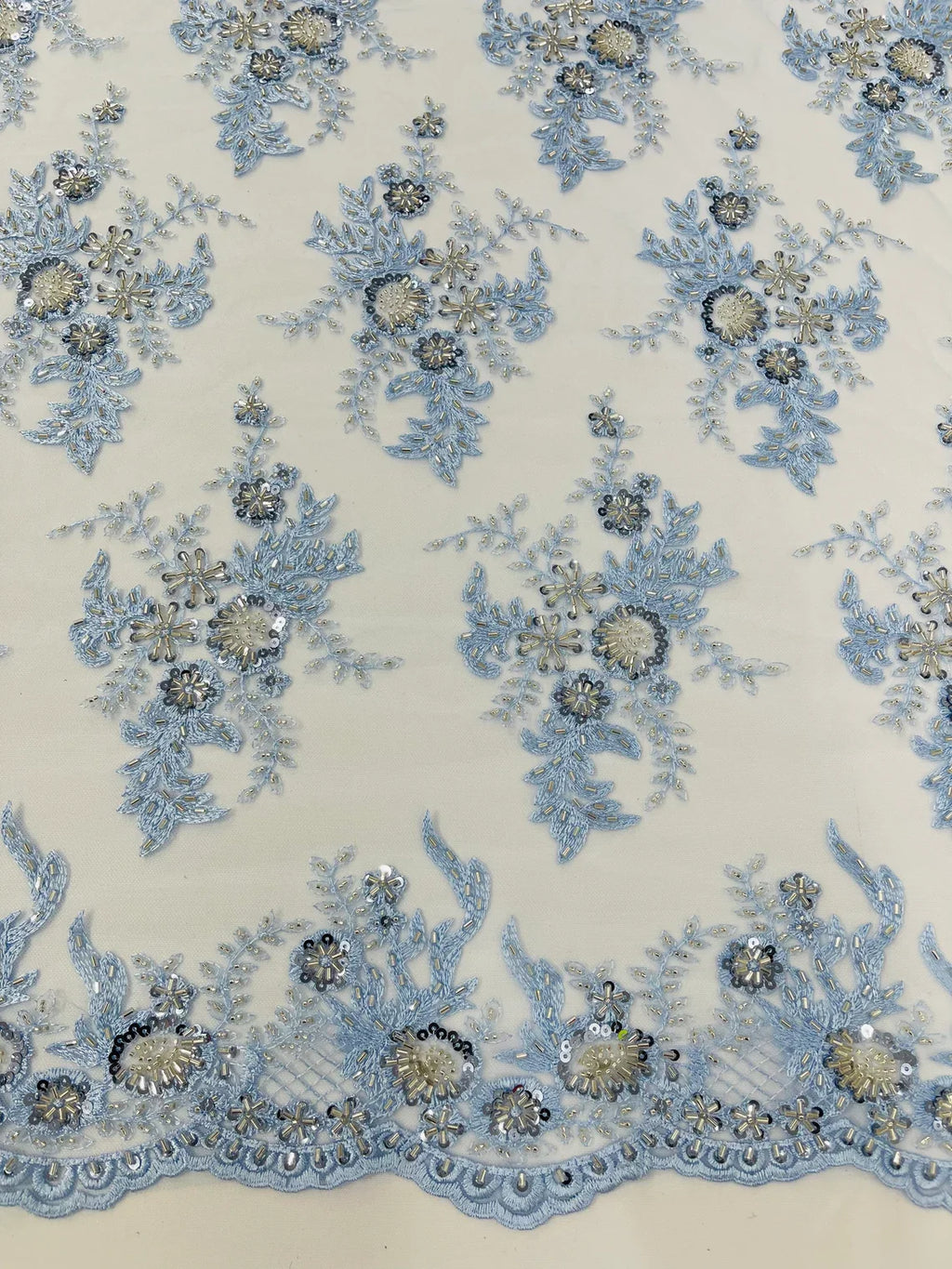 Beaded Flower Sequins Fabric - Baby Blue - Embroidered Beaded Floral Clusters Sequins Fabric By Yard