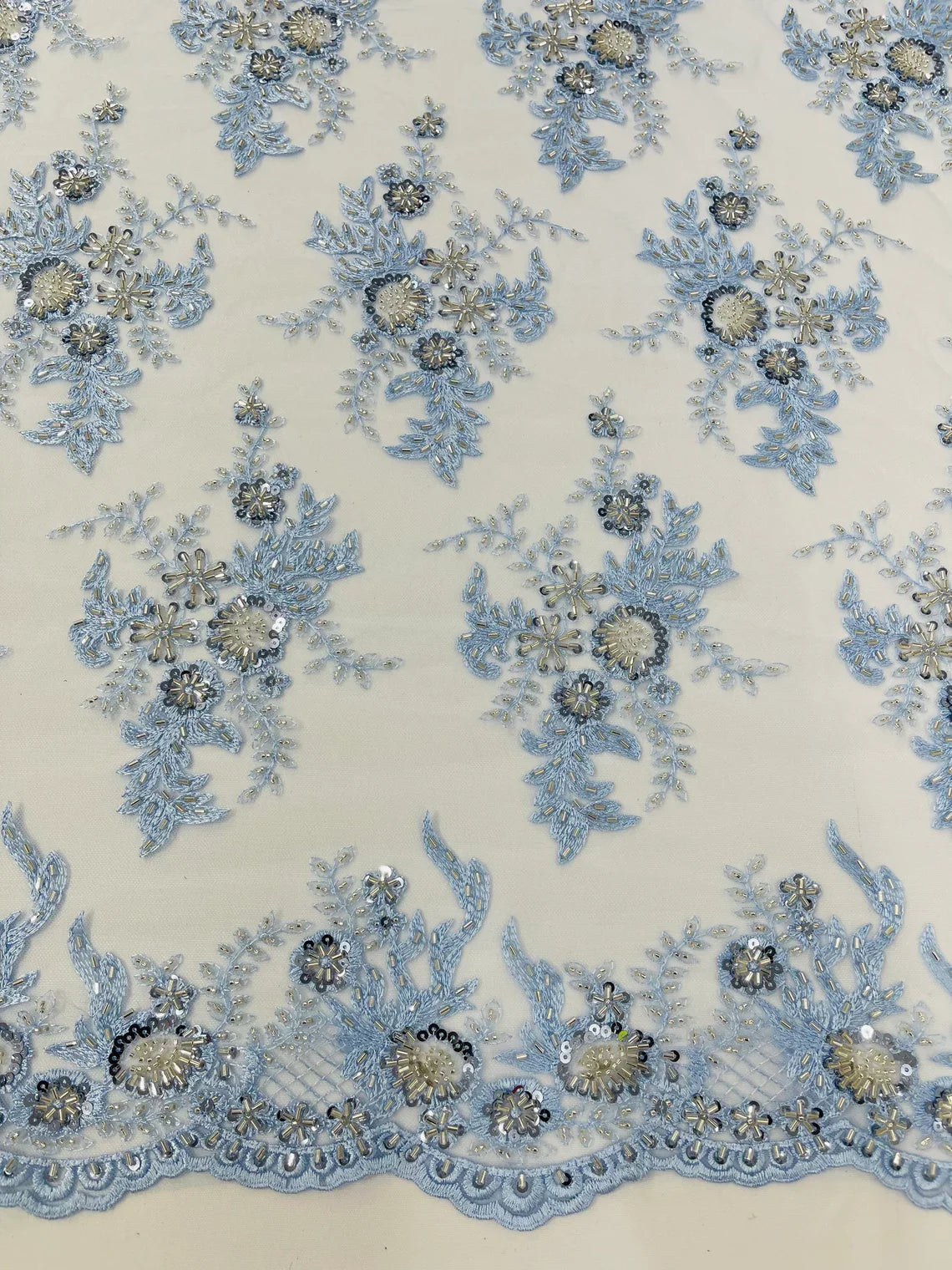 Beaded Flower Sequins Fabric - Baby Blue - Embroidered Beaded Floral Clusters Sequins Fabric By Yard