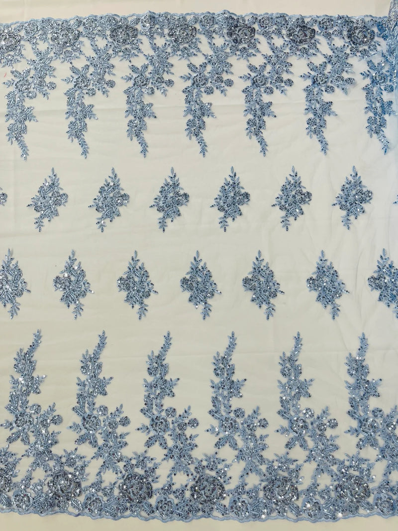 Beaded Rose Flower Fabric - Baby Blue - Embroidered Beaded Long Border Floral Fabric By Yard
