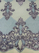 King Damask Design Fabric - Baby Blue - Embroidered Corded Mesh Lace Fabric with Sequins By Yard