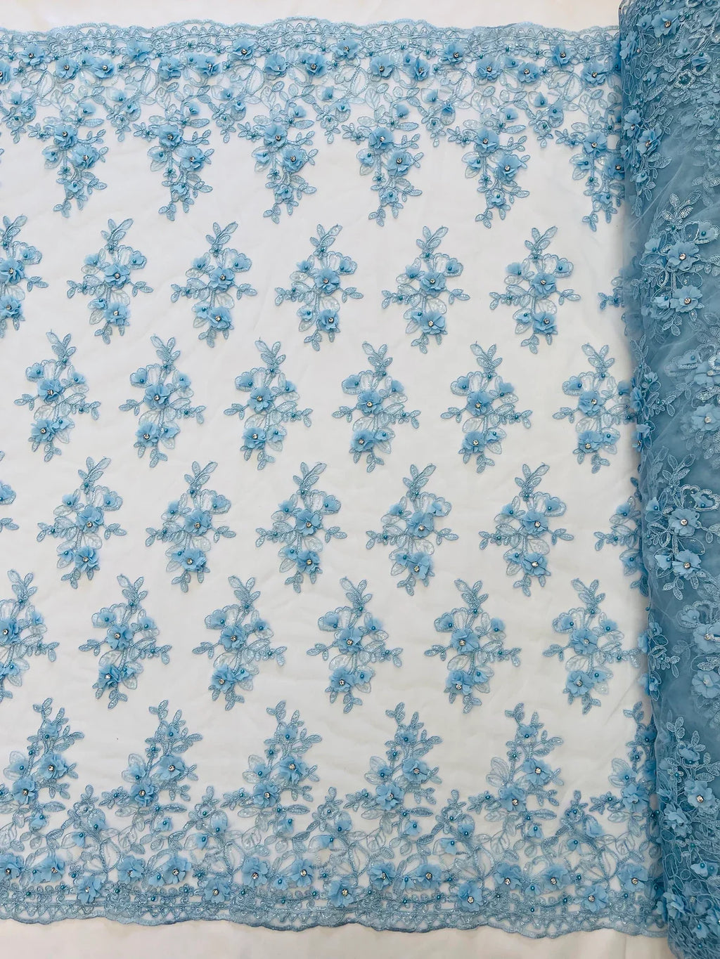 3D Embroidered Floral Fabric - Baby Blue - 3D Rhinestone and Sequins Floral Fabric Sold By Yard