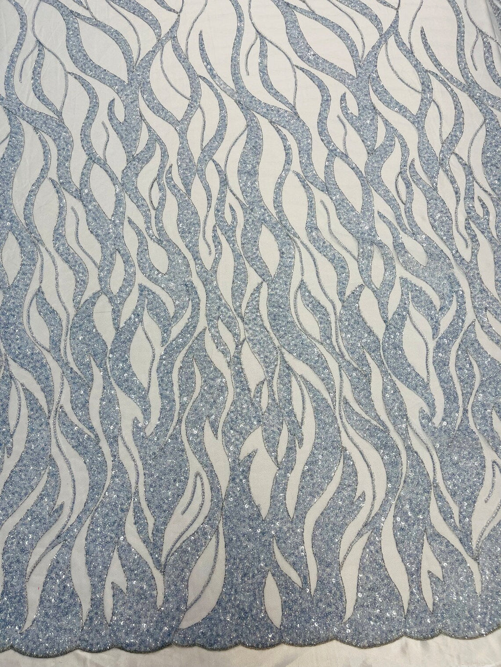 Fire Flames Design Bead Fabric - Baby Blue - Beaded Embroidered Fire Pattern Fabric By Yard