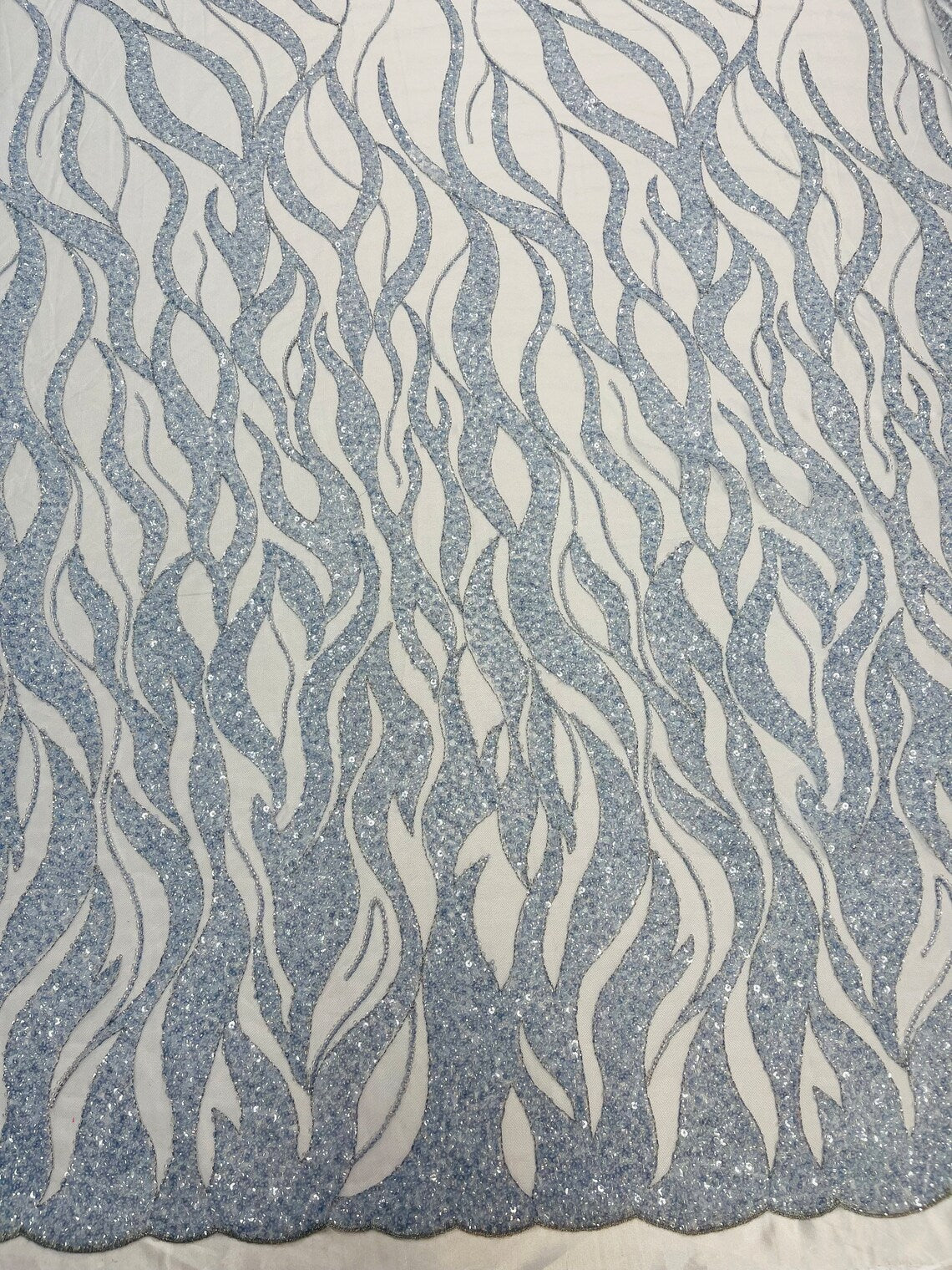 Fire Flames Design Bead Fabric - Baby Blue - Beaded Embroidered Fire Pattern Fabric By Yard