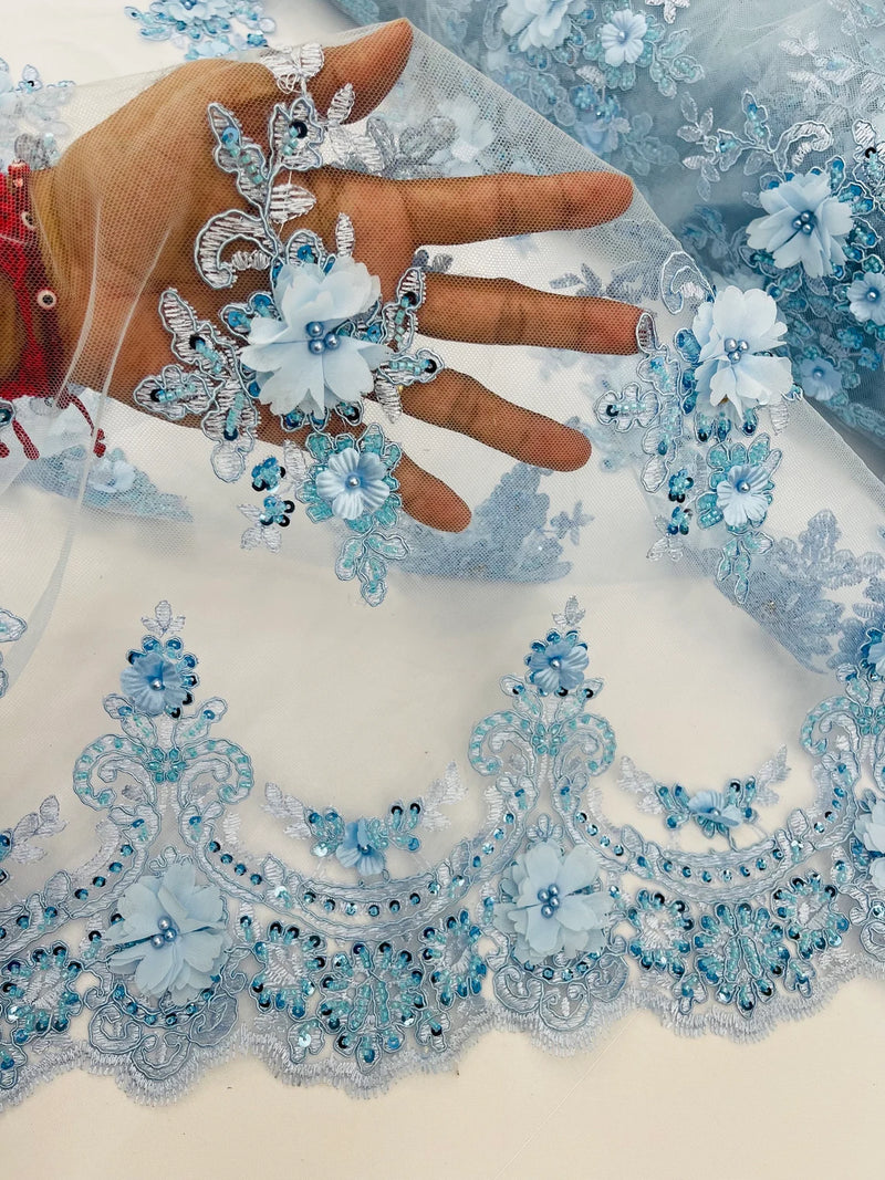 3D Floral Pearl Design - Baby Blue - Floral Embroidered Pearls and Sequins Fabric By Yard