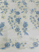 Corded Lace Sequins Fabric - Baby Blue - Embroidered Fancy Flower and Fish Design Sold By Yard