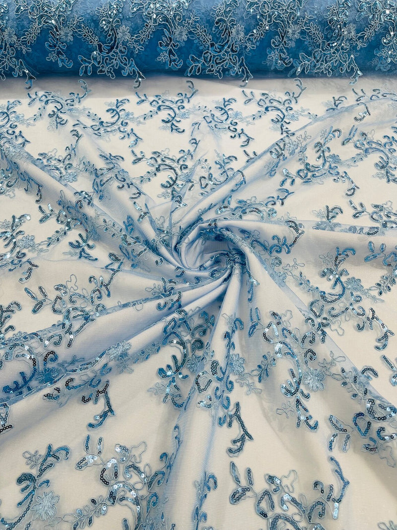 Floral Sequins Lace Fabric - Baby Blue - Embroidery Flower Clusters Design with Shiny Sequins  Fabric Sold By Yard