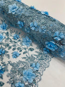 3D Big Flower Glitter Fabric - Baby Blue - Floral Glitter Sequin Design on Lace Mesh Fabric by Yard
