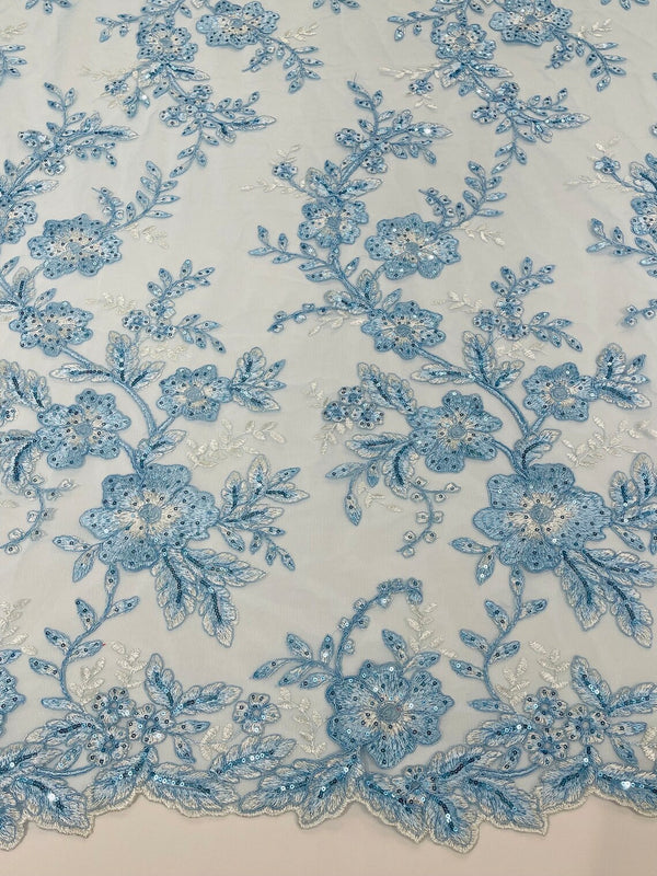 Two Tone Lace Floral Fabric - Baby Blue - Embroidered Flower Designs with Sequins on Lace Fabric Sold By Yard