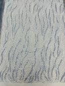 Wavy Design Beaded Fabric - Baby Blue - Beaded Wavy Leaf Embroidered Fabric By Yard