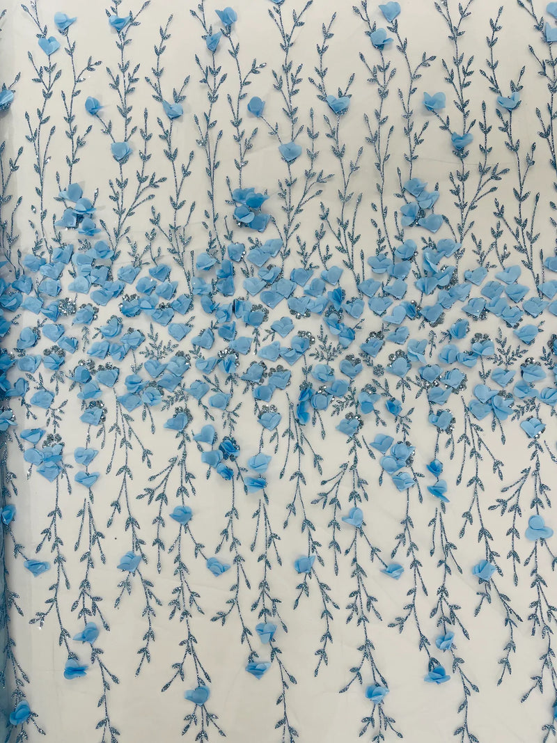 3D Flower Glitter Fabric - Baby Blue - Flower Design on Glitter Mesh Fabric Sold By Yard