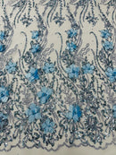 3D Glitter Floral Design Fabric - Baby Blue - Floral Line Design Embroidered Sequins Fabric by Yard