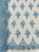 Beaded Floral Fabric - Baby Blue - Floral Cluster Design Fabric with Damask Border by Yard