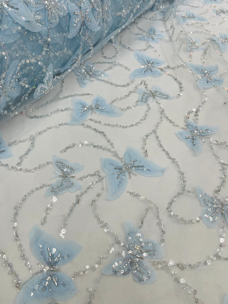 3D Butterfly Beaded Fabric - Baby Blue - Beaded Sequins Butterfly Embroidered Fabric By Yard