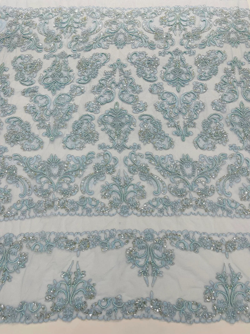 Beaded My Lady Damask Design - Baby Blue - Beaded Fancy Damask Embroidered Fabric By Yard
