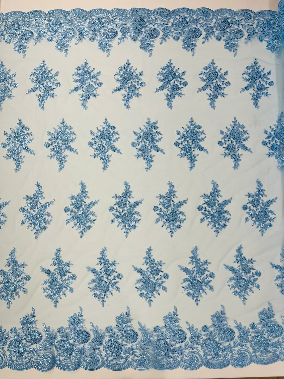 Floral Lace Flower Fabric - Baby Blue - Floral Embroidered Fabric with Sequins on Lace By Yard