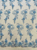 3D Flower Cluster Fabric - Baby Blue - 3D Flower Leaf Design Fabric with Pearls Sold By Yard