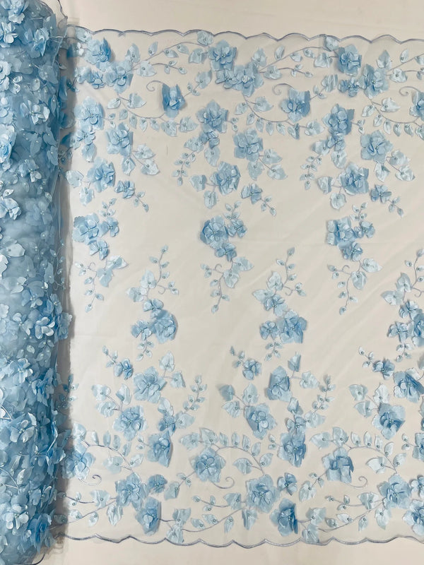 3D Floral Pearl Fabric - Baby Blue - Embroidered Floral Pearl Fabric Double Border On Mesh By Yard