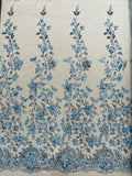 3D Flower Glitter Fabric - Baby Blue - Floral Glitter Sequin Design on Lace Mesh Fabric by Yard