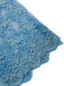 Floral Damask Lace Fabric - Baby Blue - Embroidered Damask Flowers on Lace Fabric By Yard