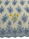 Floral Beaded Fabric - Baby Blue - Embroidered Beaded Flowers Cluster Design on a Mesh Sold By Yard