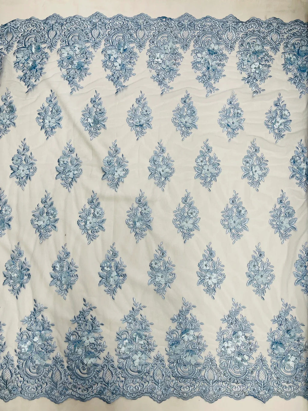 3D Fancy Floral Design Fabric - Baby Blue - 3D Flower Fabric with Small Beads on Lace Sold By Yard