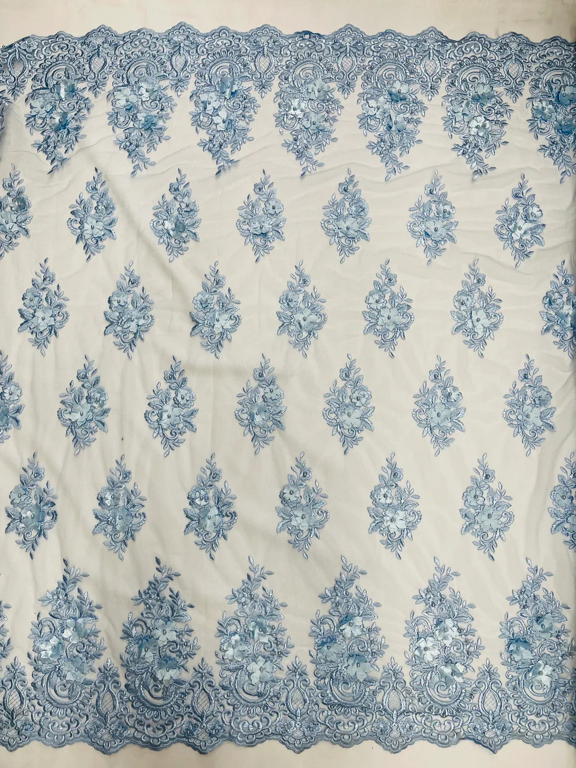 3D Fancy Floral Design Fabric - Baby Blue - 3D Flower Fabric with Small Beads on Lace Sold By Yard