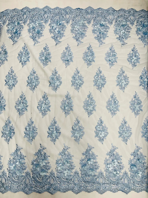3D Fancy Floral Design Fabric - Baby Blue - 3D Flower Fabric with Small Beads on Lace Sold By Yard