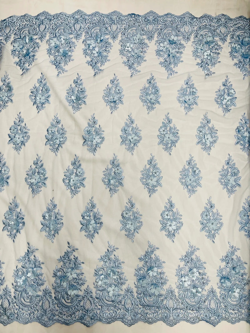 3D Fancy Floral Design Fabric - Baby Blue - 3D Flower Fabric with Small Beads on Lace Sold By Yard