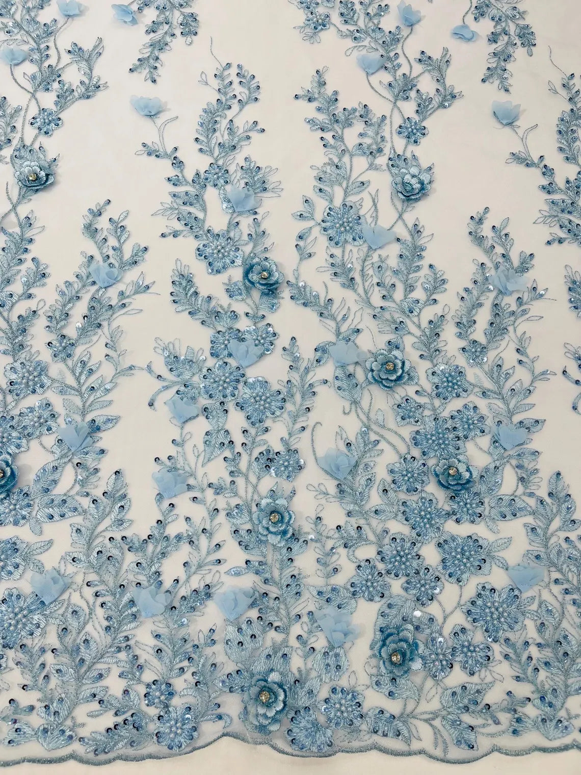 3D Flower Rhinestone Design - Baby Blue - Embroidered Flower Sequins Lace Fabric By Yard