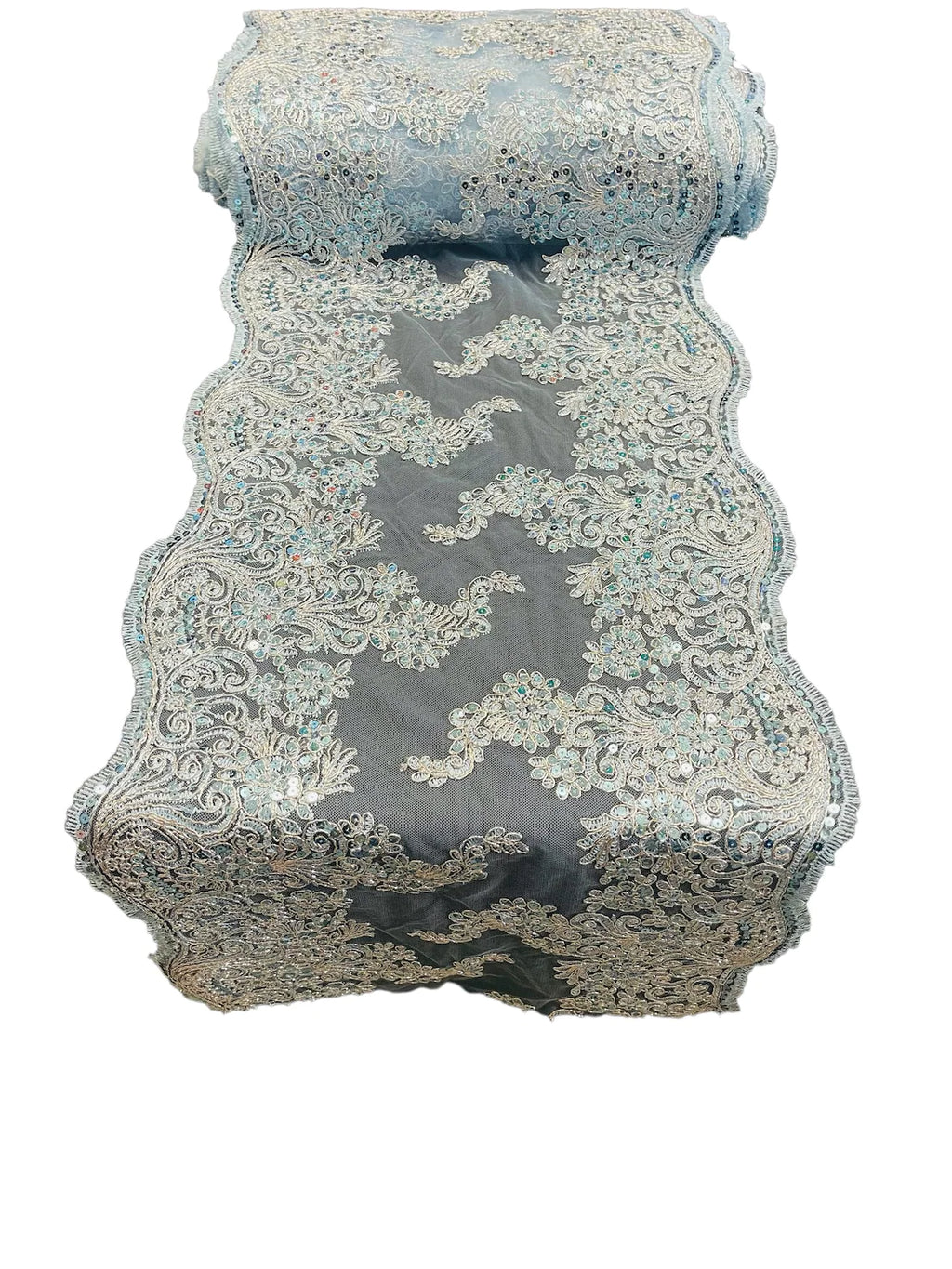 14" Metallic Floral Design Lace Table Runner - Baby Blue - Event Table Decor Runner Sold By Yard
