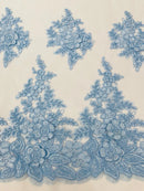 Corded Floral 3D Fabric - Baby Blue - Embroidered Floral Design on Lace Mesh Fabric by Yard