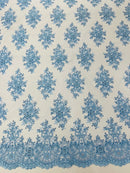 Floral Pearl Bead Fabric - Baby Blue - Flower Design with Beads and Sequins Fabric Sold By Yard